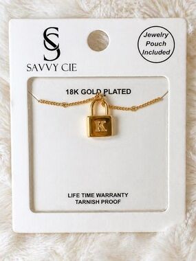 Savvy Cie 18K Gold Plated K Padlock Pendant Necklace Tarnish Free NWT